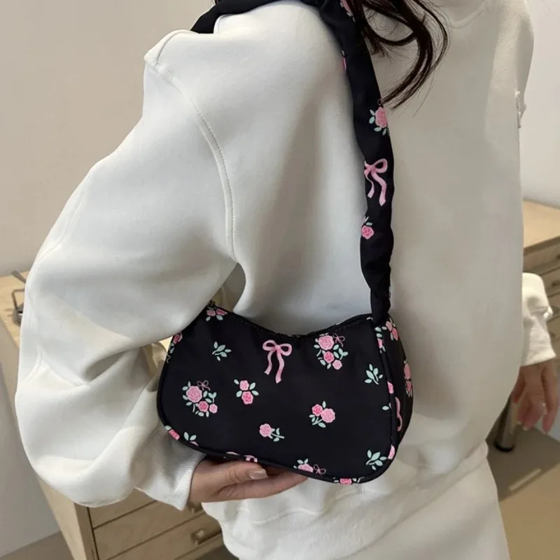New Women Underarm Bag Canvas Pleated Handbag Cute Rose Flowers Print Little Tote Half Moon Design Purse Mini Shoulder Bags