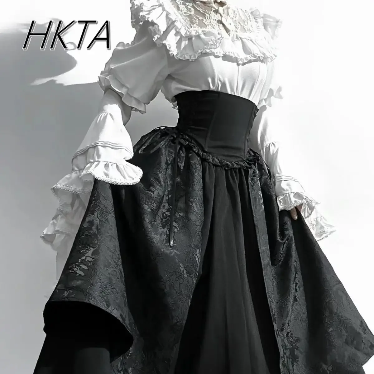 Lolita Gothic High Waist Black Long Skirt Loose Oversized Flared Long Sleeve Blouse Top Y2k Ji Sleeve Gorgeous Elegant Skirt Set 4