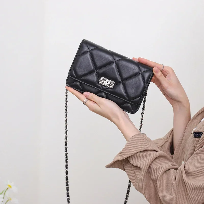 Women's leather diagonal cross bag sheepskin diamond chain fashionable small square bag women's classic small fragrant style bag