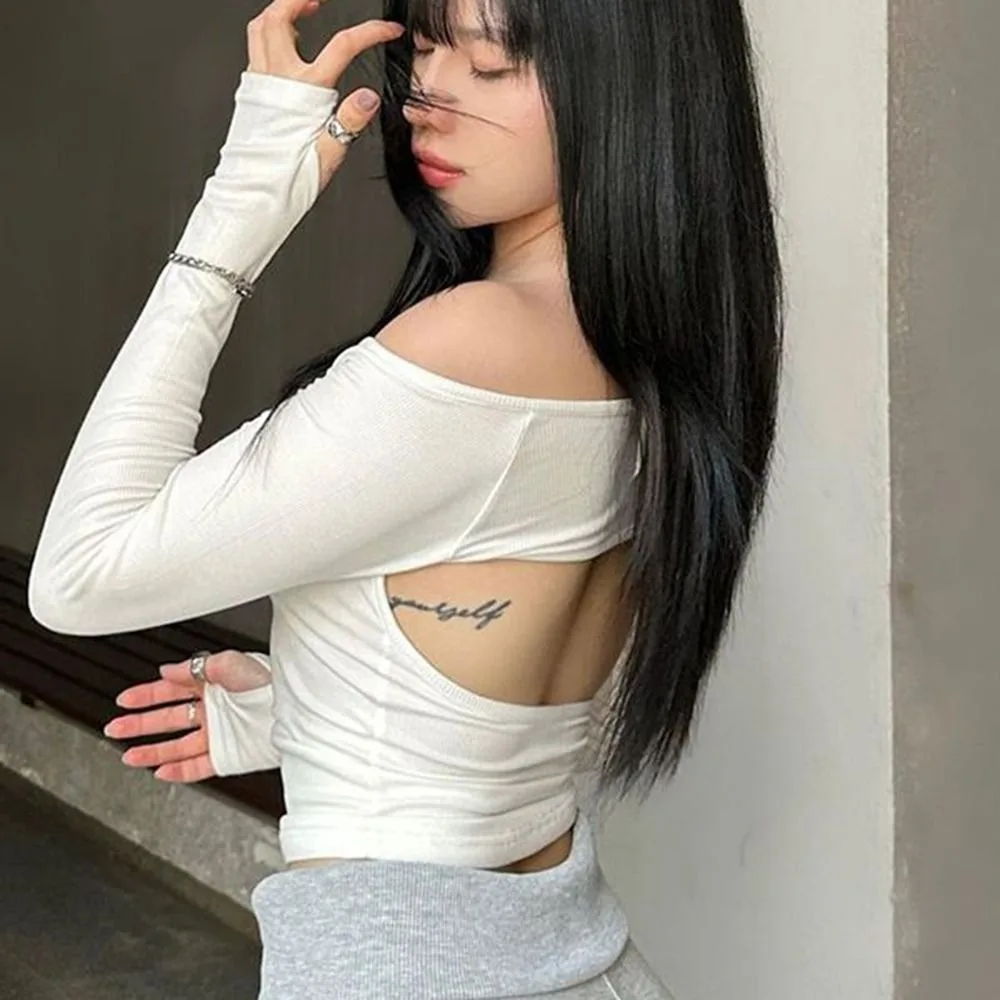 Fashion Rhinestone Bow Off Shoulder T-Shirt Solid Color Chic Long Sleeve T-Shirt Autumn Slim Fit Base Pullover Tops Spring