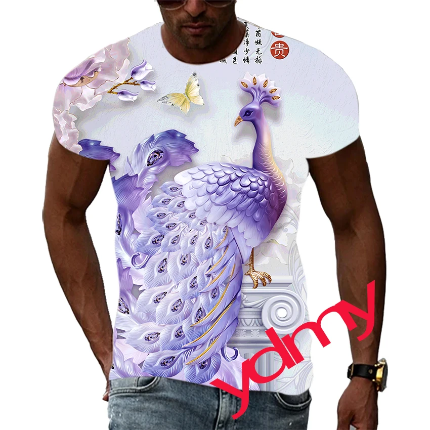 

Tide Fashion Summe Rich Peacock Picture Men's T-shirt Casual Print Tees Hip Hop Personality Round Neck Short Sleev Quick Drying