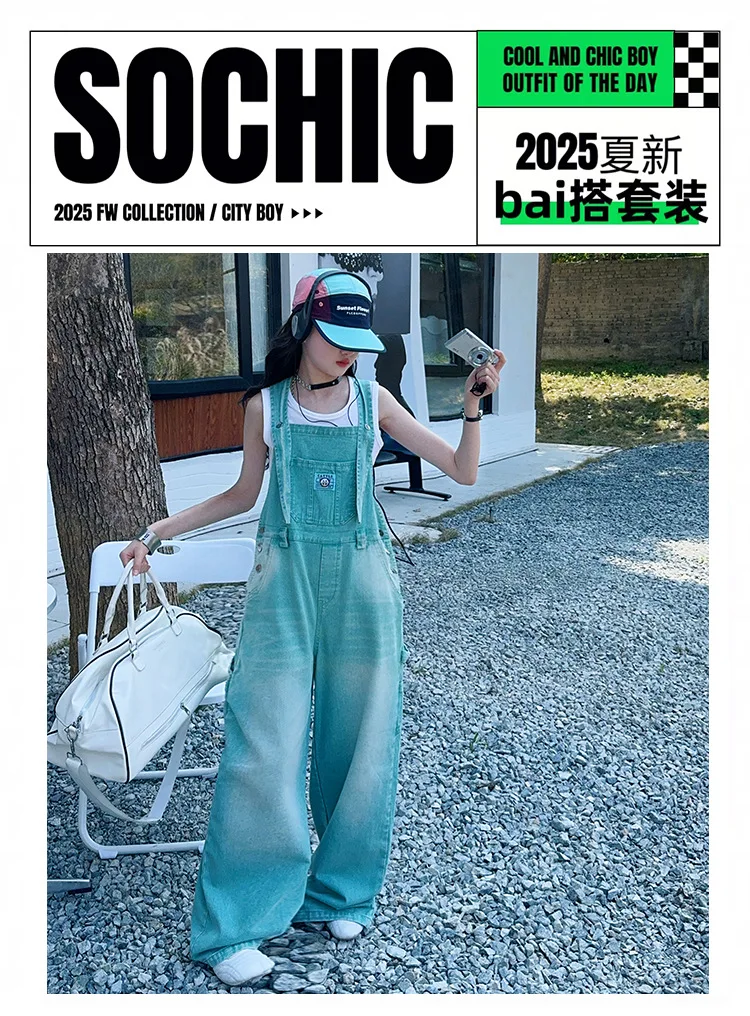 summer teen girls water washed punk wide leg jumpsuit junior kids loose slimming casual Cowboy overalls 4-14 child ropa trousers