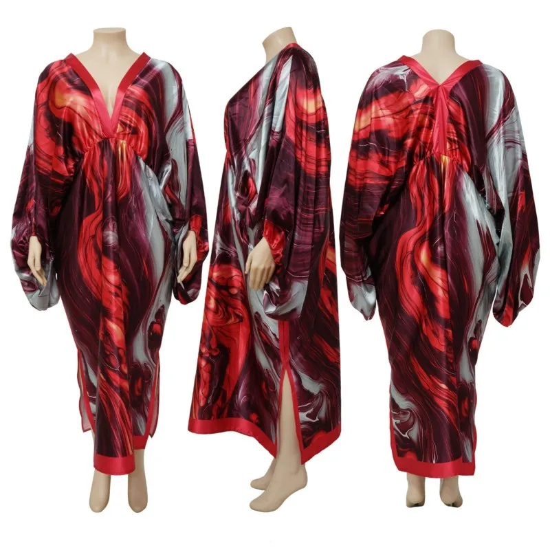 5XL Big Size Printed Long Dress Long Sleeve V Neck Faux Silk African Dresses For Women Ankara Robes Traditional African Clothing