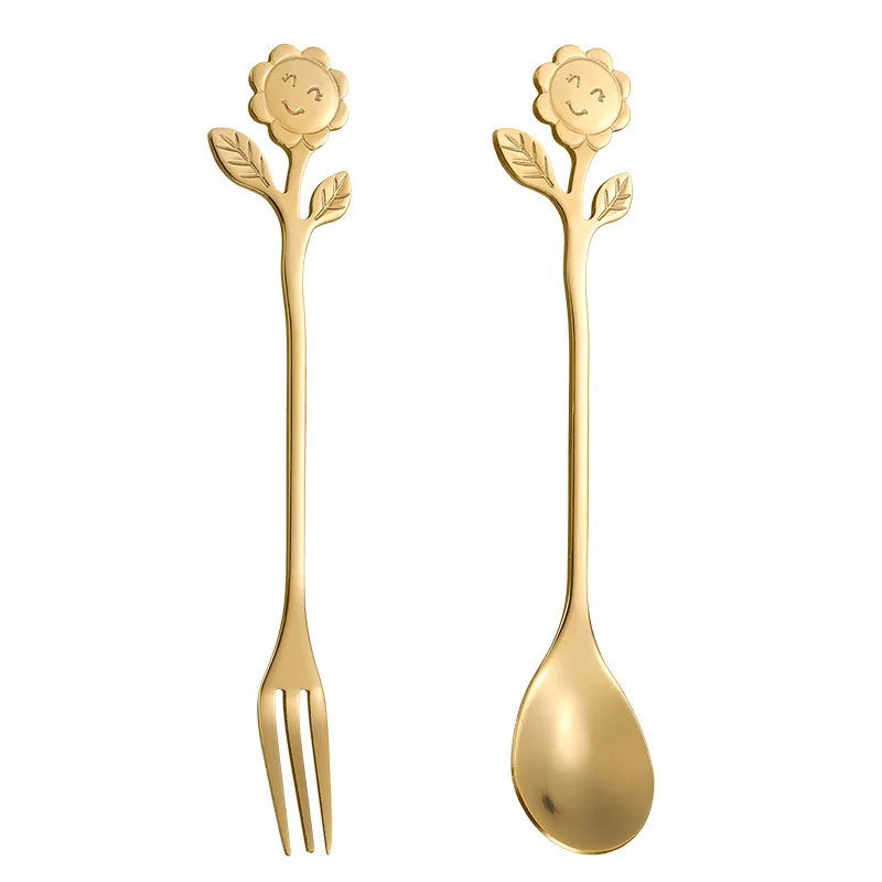 Stainless Steel Spoon Smiley Sunflower Handle Coffee Spoon Fork