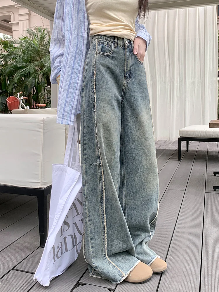 

Slergiri New Women's American Vintage Raw Trim Wide Leg Jeans Y2k Streetwear Loose Casual High Waisted Boyfriend Jeans 2024