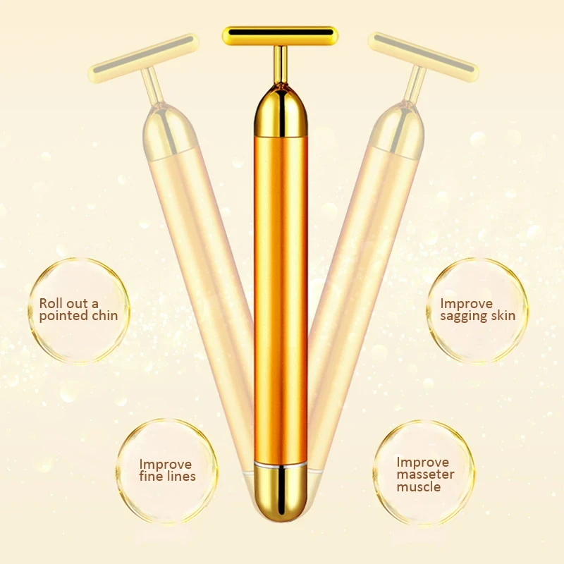 24k Gold T-shaped Vibrating Facial Roller Beauty Roller Slimming Face Massager Device Tightening Anti-wrinkle Facial Care Tools 4
