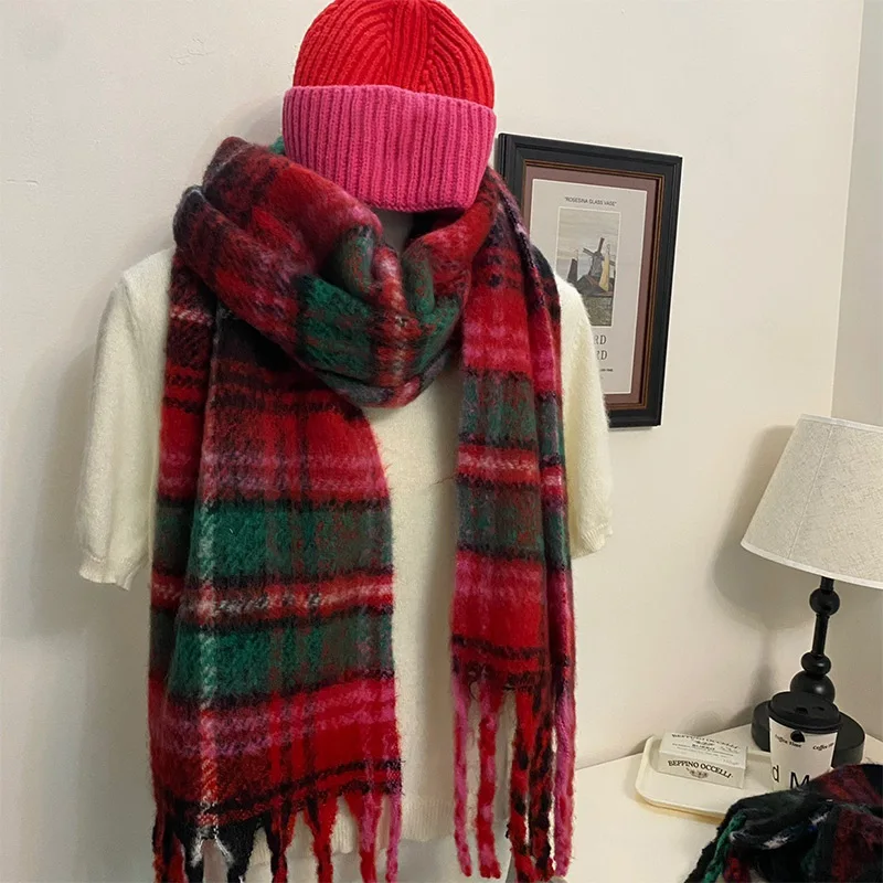 

Winter New Women's Scarf Red Green Contrasting Luxury Large Plaid Tassel Shawl Warm Thicken Versatile British Style Neck Warmer