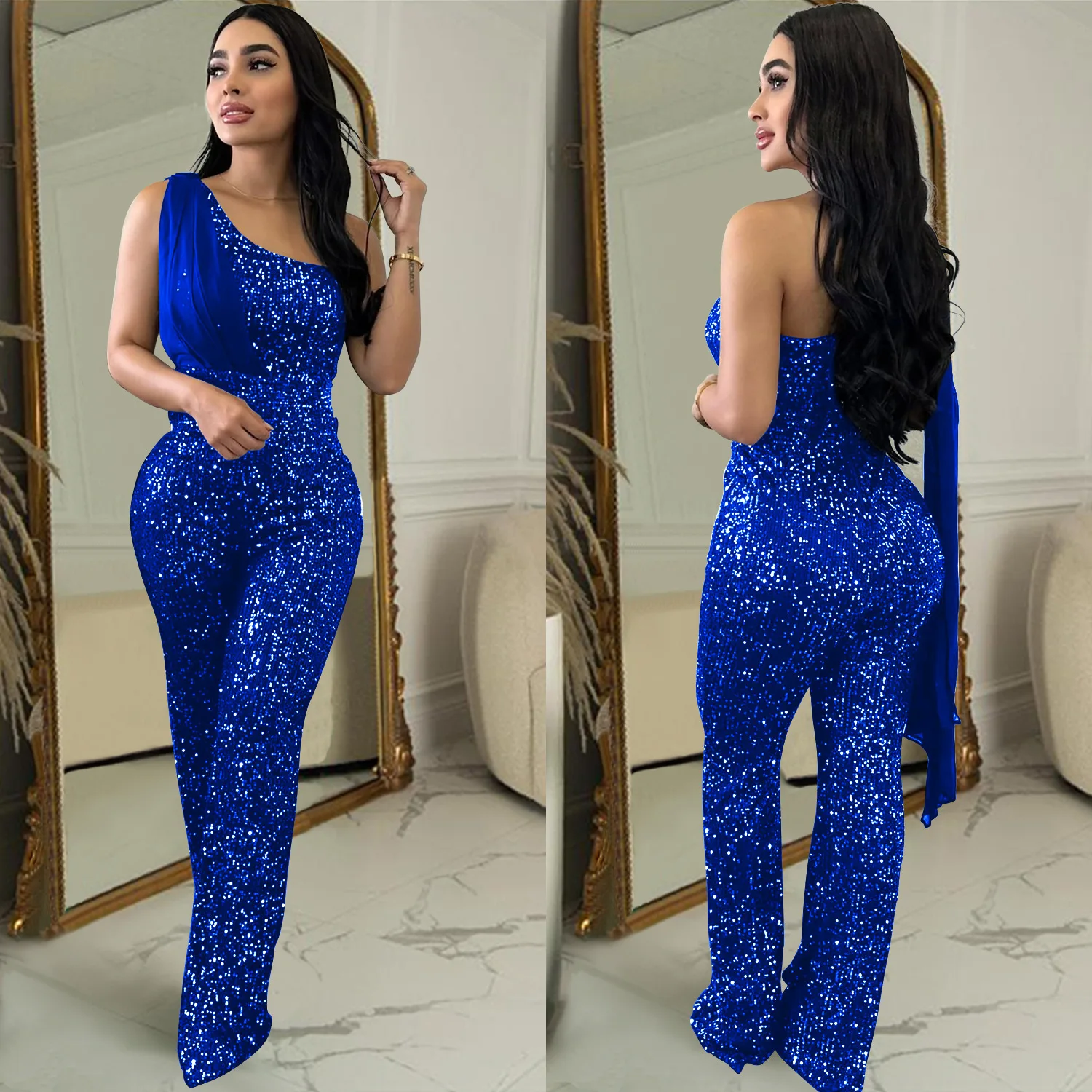 Sequin Luxury Street Jumpsuit Women Sleeveless Sexy Club One Piece Outfit Solid Straight Pant Female Fashion Party Jumpsuit