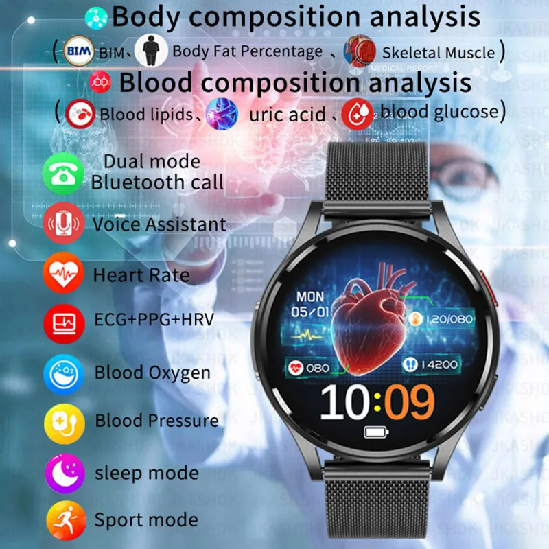 

2023 New ECG+PPG AI Medical Diagnosis Uric Acid Non invasive Blood Glucose Smart Watch Men Bluetooth Call Blood Lipid Smartwatch