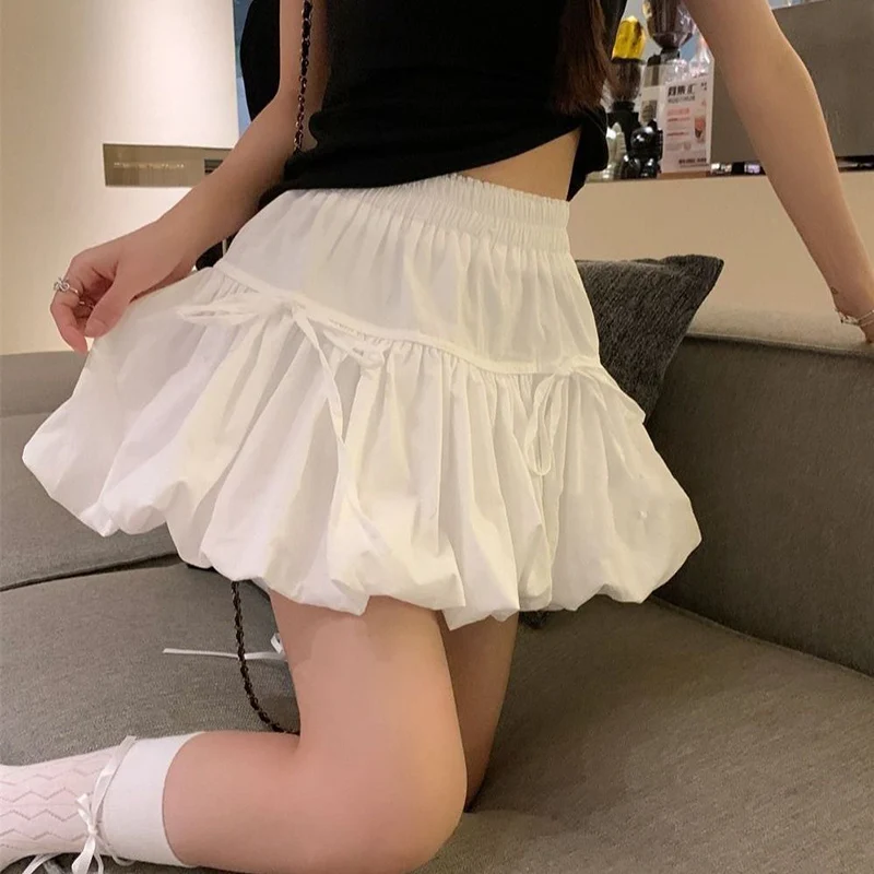 

Rimocy Korean Ins Bowknot A Line Skirts Women Summer High Waist Lantern Mini Skirts Woman Solid Color Sweet Style Skirt Girls