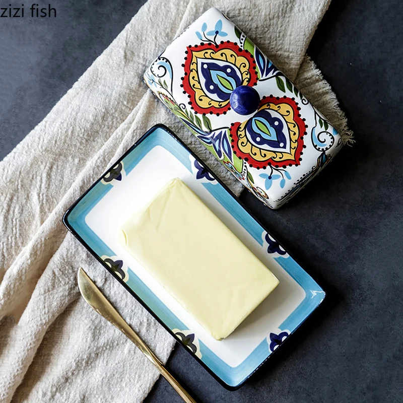 Ceramic Butter Plate with Lid Creative Hand-painted Pattern Butter Box Dim Sum Plate Cheese Household Specialty Tableware