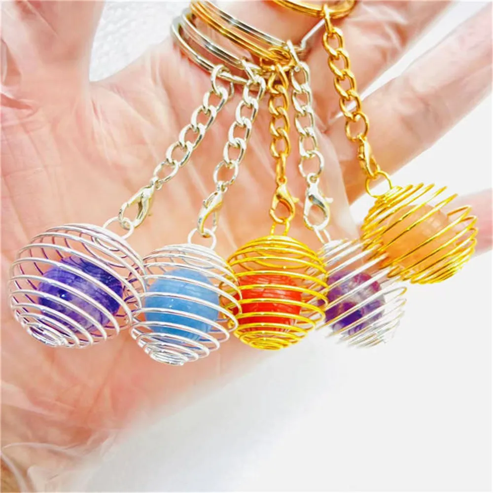 

Random Hollow Lantern Iron Wire Spiral Cage Reiki Natural Stone Healing Crystal keychain Meditation