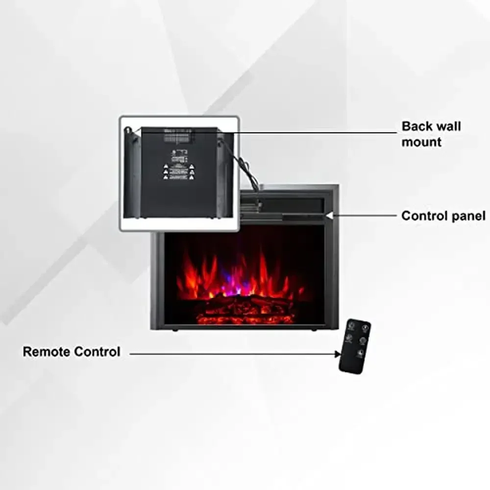 Electric Fireplace Heater Remote LED Flame Effect Temp Control Glass Steel Freestanding Wall Mount Indoor Fire Insert 1500W 3
