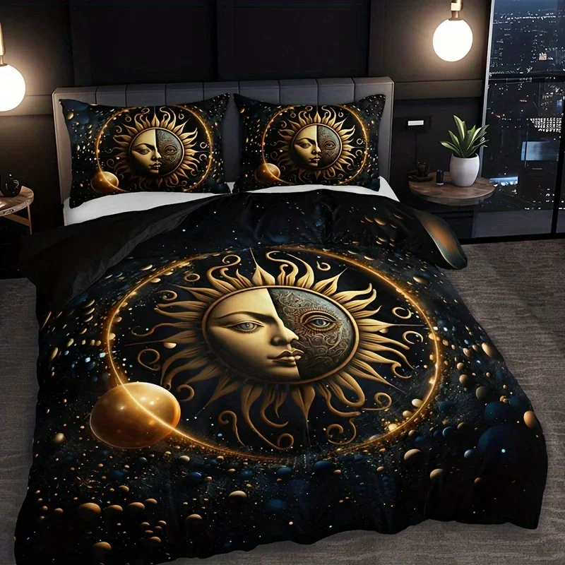 Moon Stars Celestial Sun Duvet Cover Set Golden Printed Bedding Set For Home Decor
