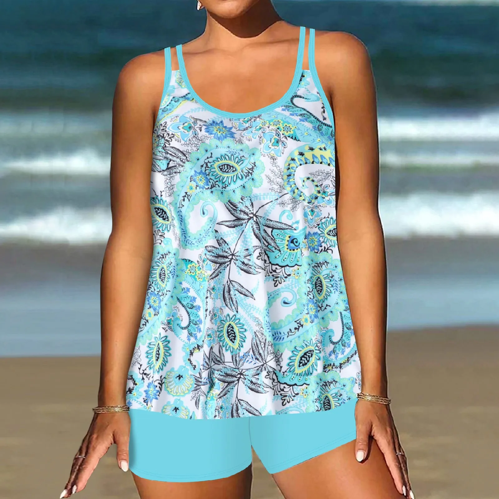 Swimsuit divided printed large size sleeveless with chest pad boxer shorts swimwear two-piece set women's large size swimwear