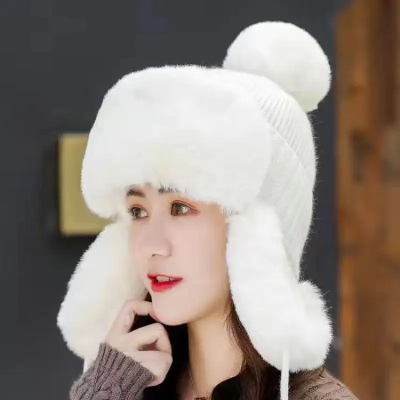 Autumn Winter Women's Trapper Earflap Hat - Thick Warm Fur Pompom Russian Ushanka Beanie Fashion Lei Feng Ski Cap
