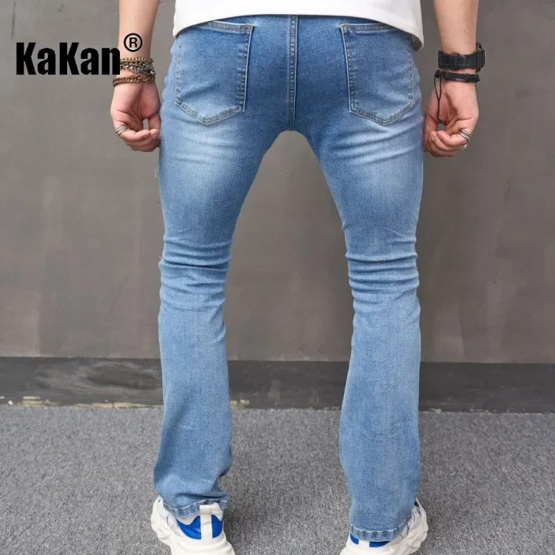 Kakan - Europe and America's new distressed cat whisker jeans for men's wear, micro flared deep blue long jeans K49-714