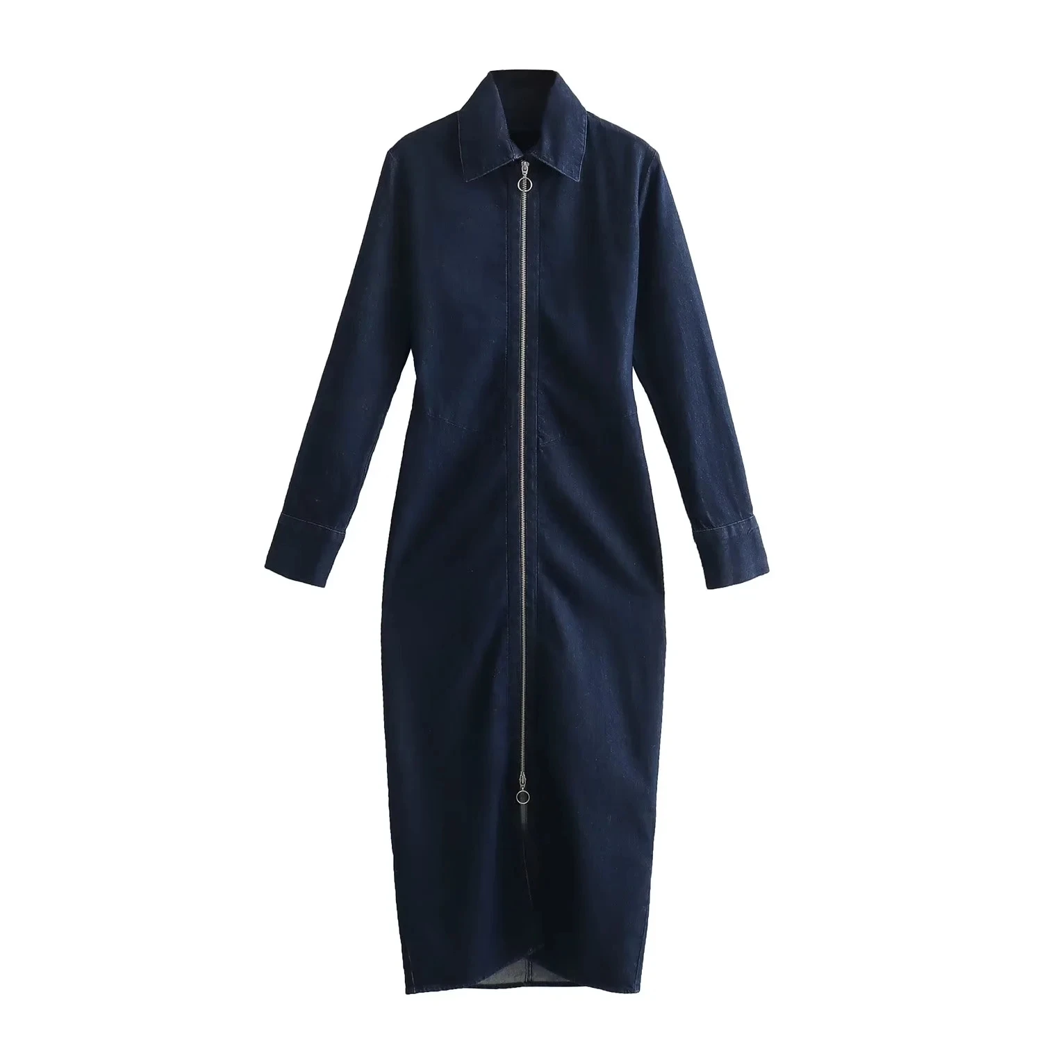 

TRAF Female Zippered Denim Dress Fashion Lapel Long Sleeve Midi Dress Womens Vintage Denim Dresses Robe Vestidos 2023 Autumn New