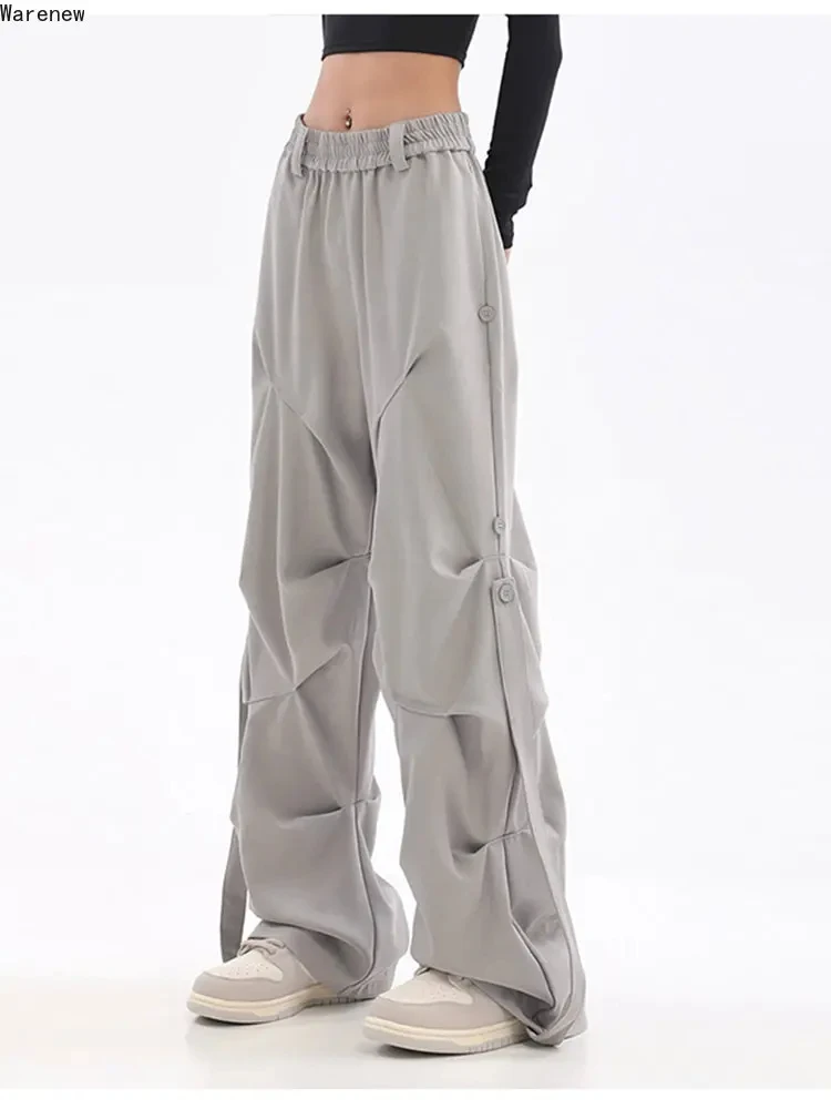 QWEEK Y2K Pleated Grey Cargo Pants Women Streetwear Korean Oversize Wide Leg Baggy Pants Hip Hop Jogger Trousers Elastic Waist