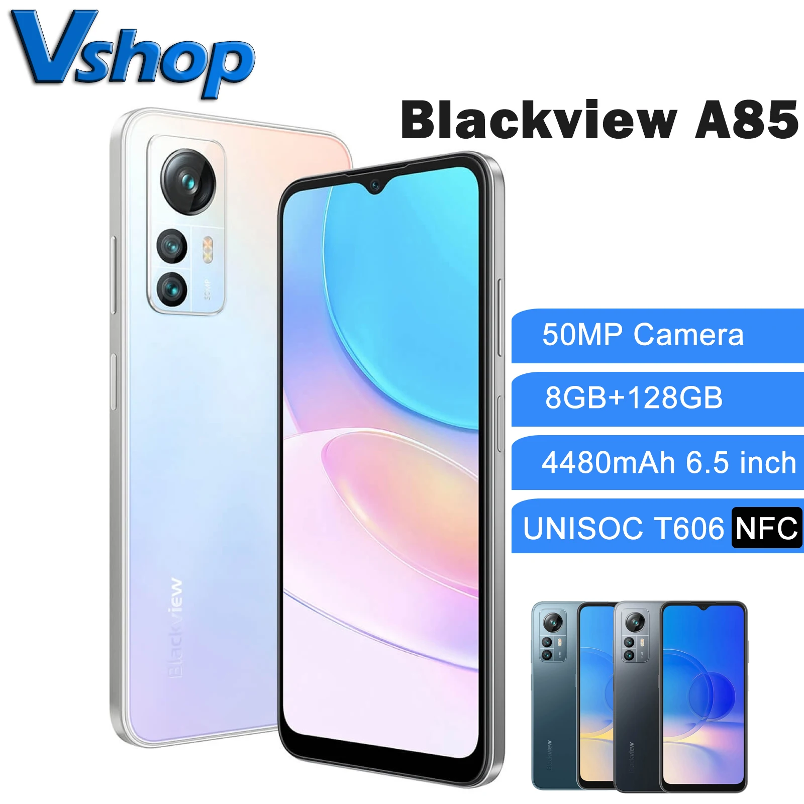 Blackview A85 50MP Camera 8GB+128GB Cell Phone Android 12.0 UNISOC T606 18W Charging Smartphone 4480mAh 6.5" NFC Mobile Phone