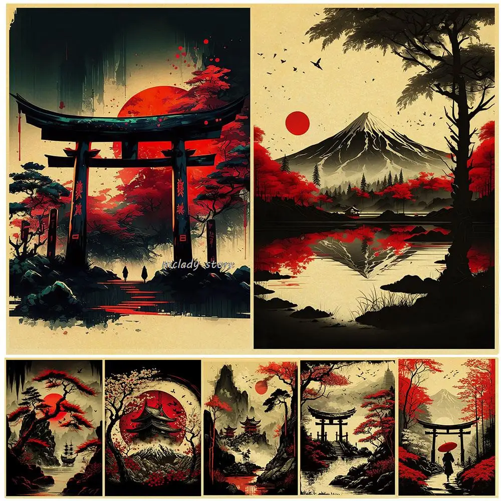 

Red Moon Japanese Architectural Poster Vintage DIY Paper Style Vintage Room Decoration Aesthetics Mural at Home Bar Cafe