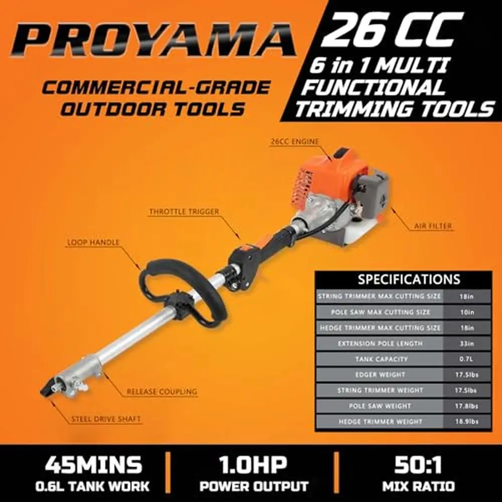 6 in 1 Gas Hedge Trimmer Weed Eater Brush Cutter Pole Saw Chainsaw Kit with Adjustable Length and Multi-angle Adjustment Garden 2