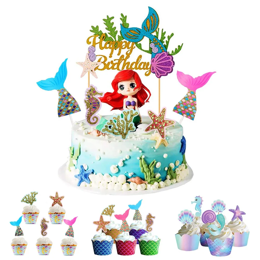 

Mermaid Party Decorations Happy Birthday Cake Topper Cupcake Toppers Kids Girl Mermaid Theme Party Supplies Baby Shower Favors