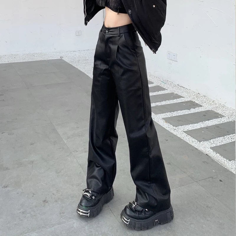 Black Leather Pants Women New Straight PU Baggy Trousers Streetwear High Waist Wide Leg Pants Spring Summer
