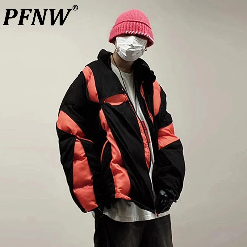 

PFNW Stitching Color Men's Stand Collar Padded Jackets High Street Niche Desighn Male Cotton Coats 2023 Winter Chic New 28B1012