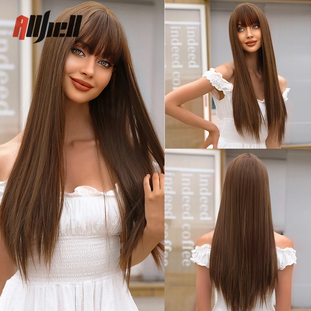 

Brown Long Bone Straight Wig with Full Bangs Natural Synthetic Wigs for Black Women Afro Cosplay Heat Resistant Hair Female Wigs