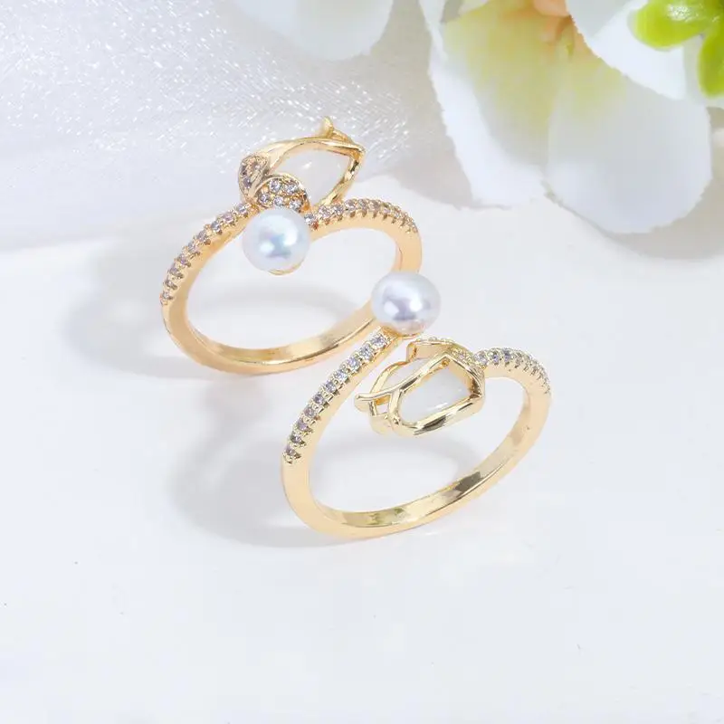 

Freshwater Pearl ring copper inlaid zircon women's jewelry adjustable
