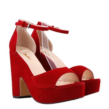 LOSLANDIFEN Summer Ankle Strap Sandal 12cm Women Pumps Sexy Peep Toe Square High Heels Woman Shoes Flock Platform Wedding Shoes 1