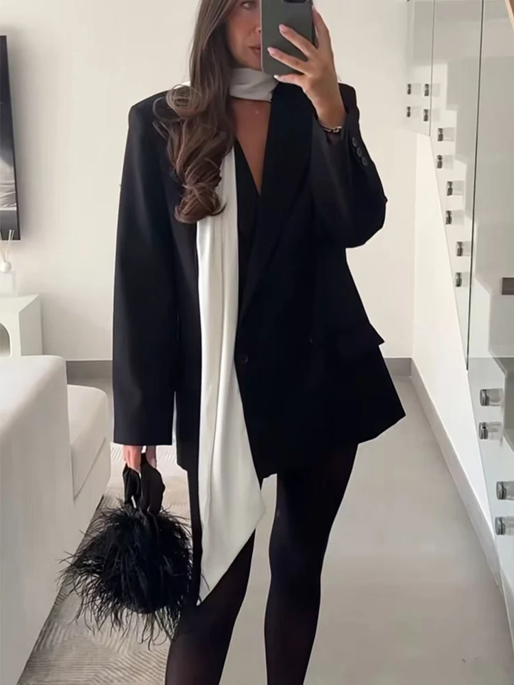 Spring New Women Elegant Blazer Fashion Scarf Collar Long Sleeve Button Up Black Whiter Contrast Color SuitJacket Fashion Loose