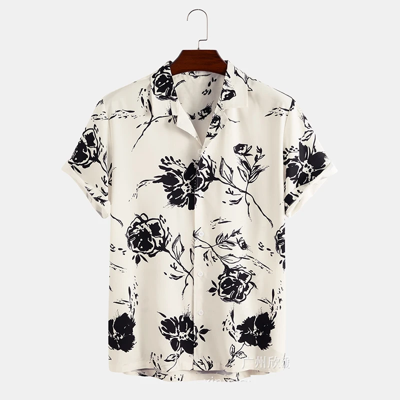 

Summer Fashion Printing Short Sleeve Casual Beach Shirt Male Loose All-match Buttons Blouse Hombre Polo-neck Cardigan Tops Men