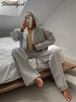 Autumn Sweatpants Set Women White Oversize Sweatshirt With Zipper And Hood Tracksuits Set Women Two Piece Gray Sports Pants Suit - Image 2