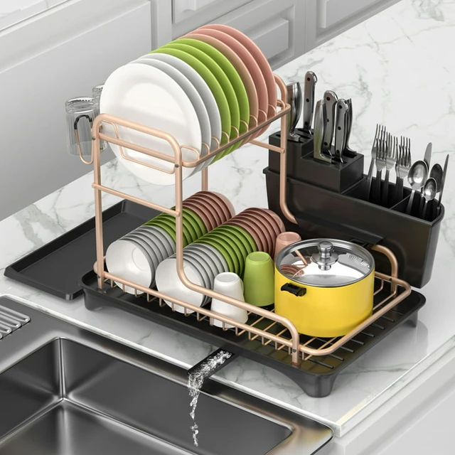 Large Dish Drying Rack with Drainboard, 2 Tier Stainless Steel Drying