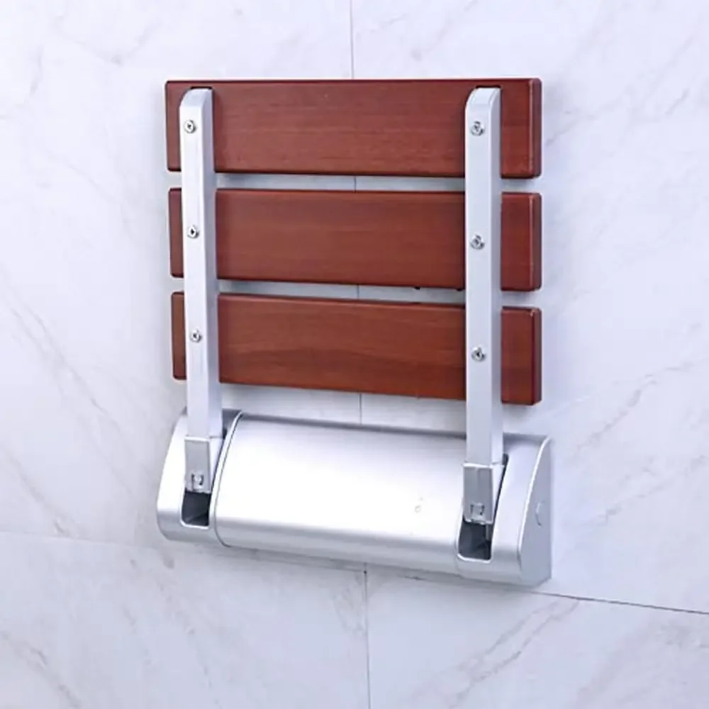 Folding Shower Seat Red Sandalwood Water-Repellent Lacquer Bathroom Bench Wall Mounted Stool 90° Foldable High-End Furniture 3