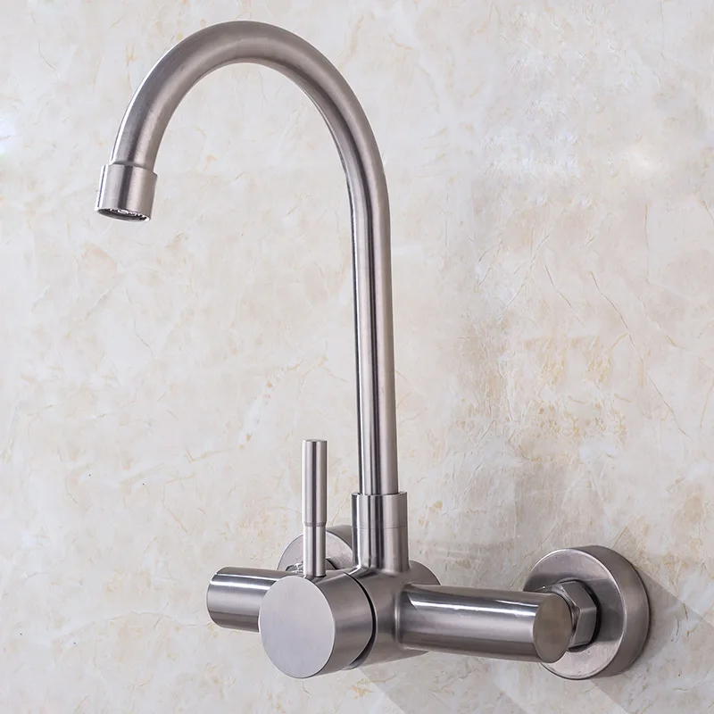 Wall Mount Faucet Kitchen Sink Faucet Brushed Nickle Stainless Steel Sink Mixer Tap Double Hole Rotatable Hot and Cold