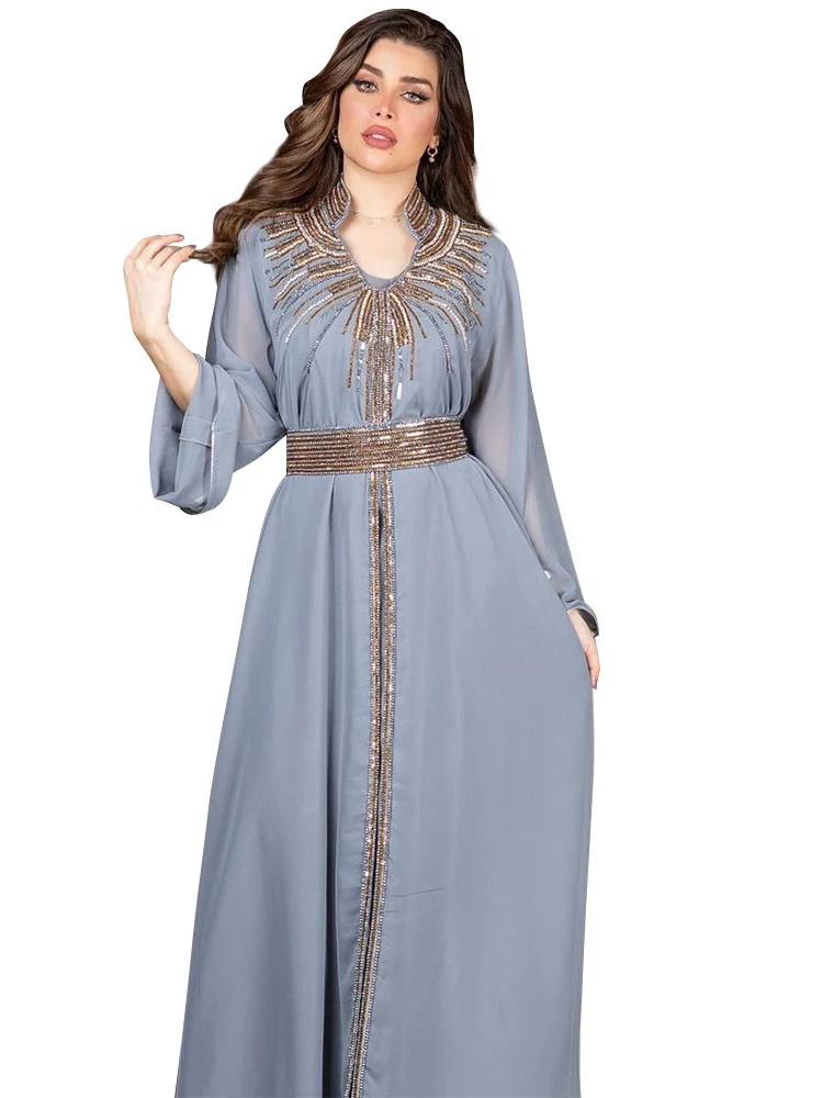 Chiffon Muslim Dress Women With Diamond Flare Sleeve Robes 2023 Fashion New Elegant Jalabiya Islam Abaya Muslim Party Maxi Dress