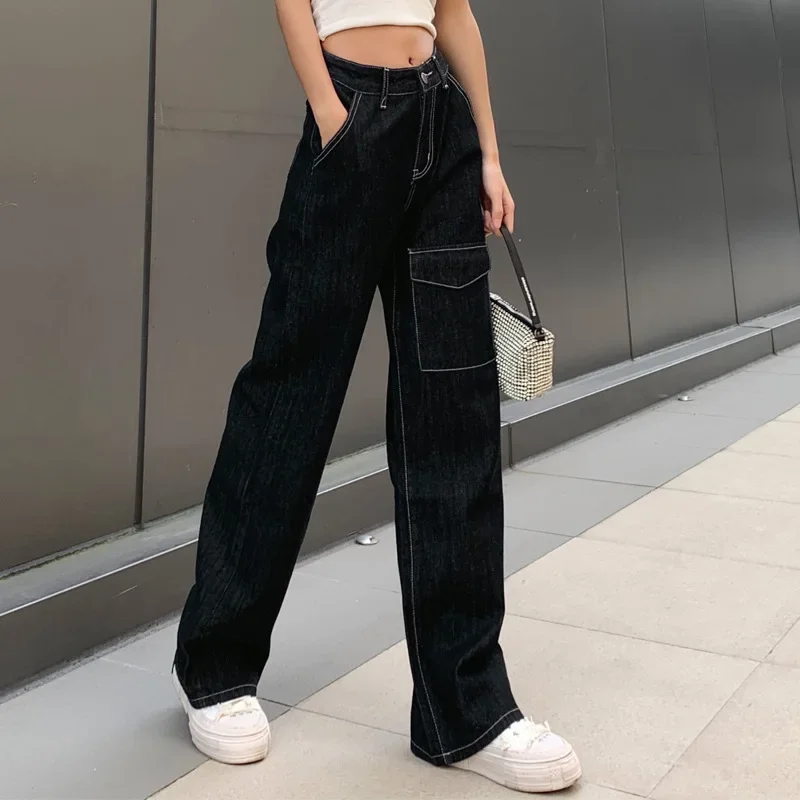 Women Fashion Big Pocket Baggy Trousers Women Fall Pantalones Cargo Jeans Vintage High Waisted Black Jeans Y2k Straight Leg Pant