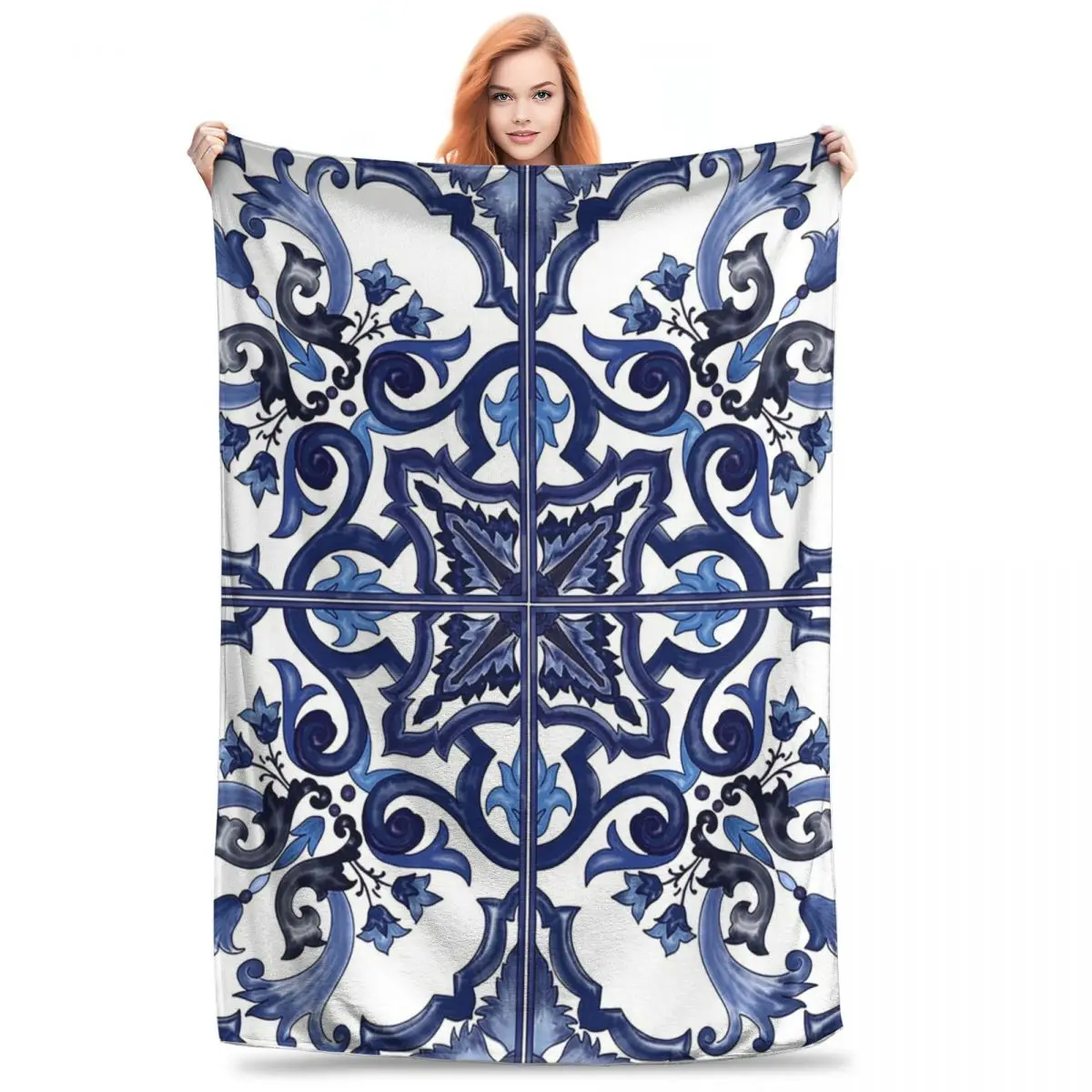 

Синее декоративное цветочное одеяло в средиземноморском сицилийском стиле, флисовое покрывало для дивана, покрывало для путешествий