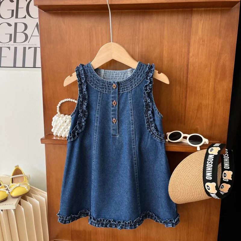 2024Summer New Girls' Denim Sleeveless Dress Girls' round Neck Denim Skirt with Wooden Ears24133