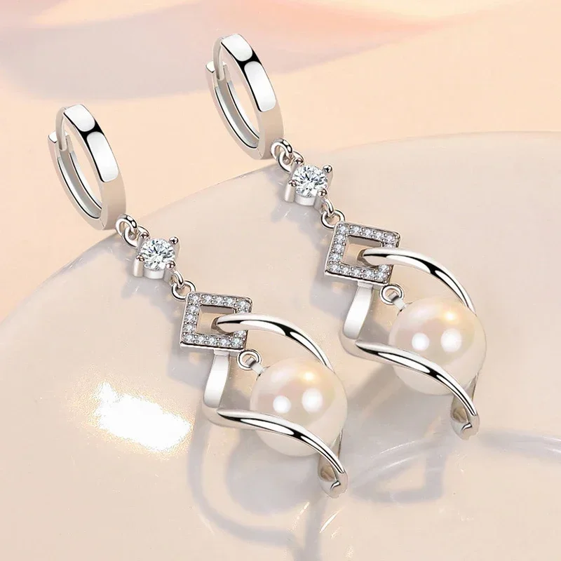 925 Sterling Silber AAA Zirkon Natürliche Perlen-Ohrringe für Damen, Modischer Prachtvoller Schmuck für Hochzeit, Verlobung und Partys – Detail 1