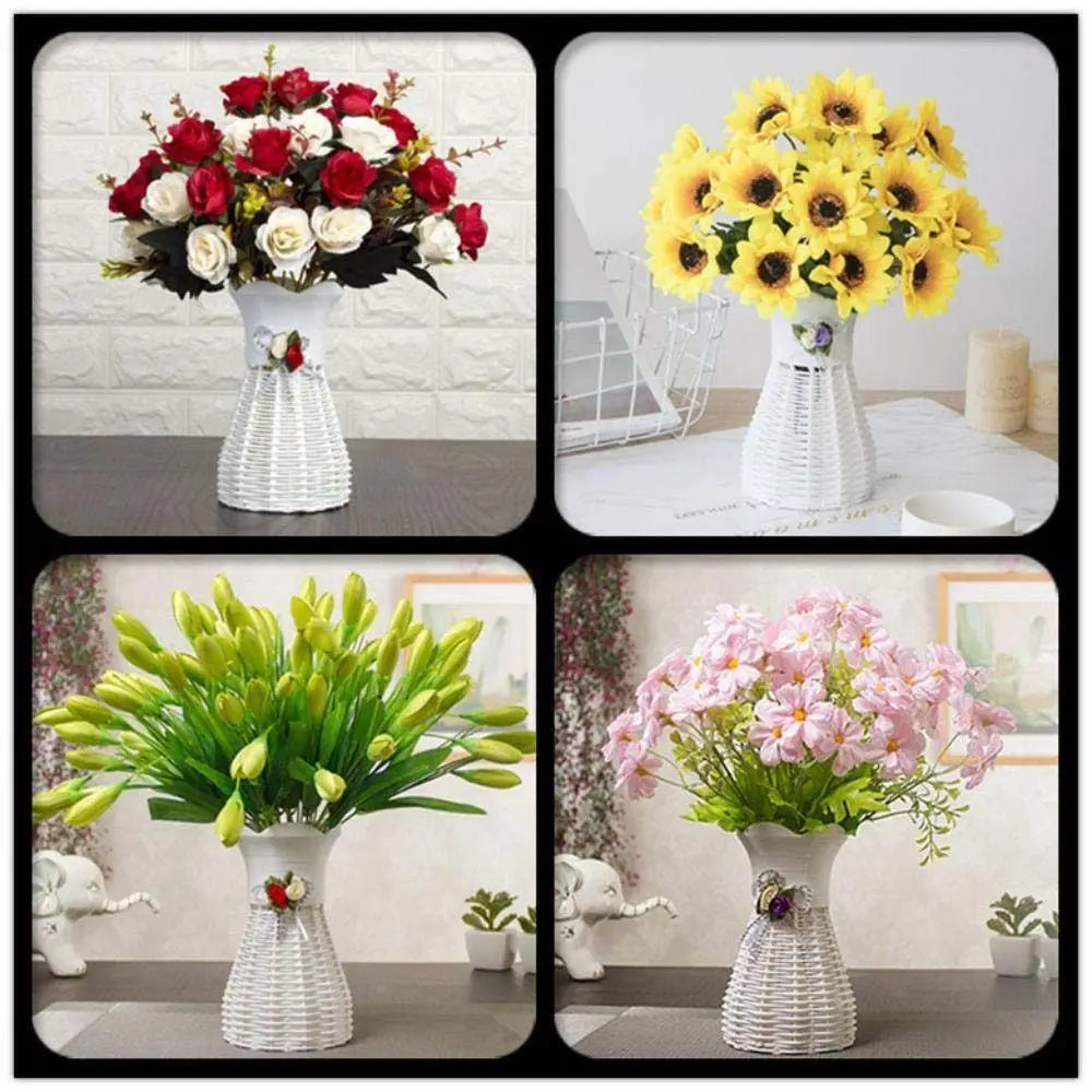 White Rattan-Style Decorative Flower Pot and Tray