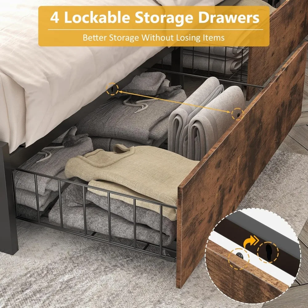 bedstead.Full Bed Frame with 2-Tier Storage Headboard, Metal Platform Bed Frame with 4 Storage Drawers,Built in Charging Station 6