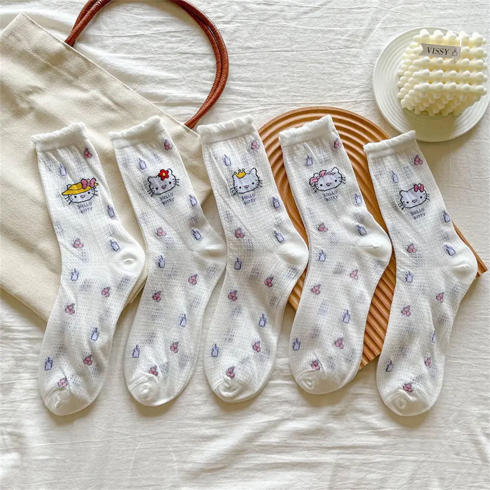 

Kawaii Sanrio Mid-Length Socks Hello Kittys Accessories Cute Cartoon Anime Summer Thin Jk Mesh Breathable Socks Toys Girls Gift
