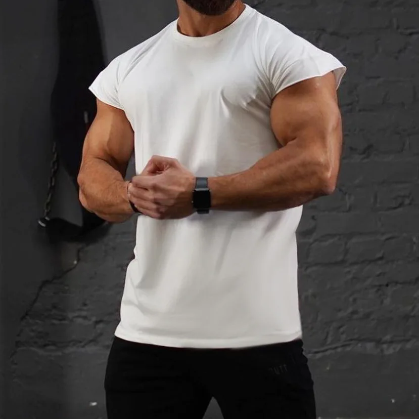 Men Shirt Cap Sleeve Cut Off Tshirt Solid Slim Fit for Men Workout Fitness Basketball Sports Shirts