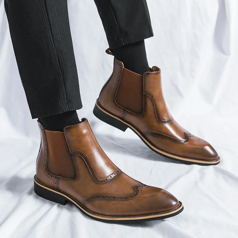 

Мужские ботинки челси без шнуровки, коричневые деловые ботильоны с квадратным носком, размеры 38-45