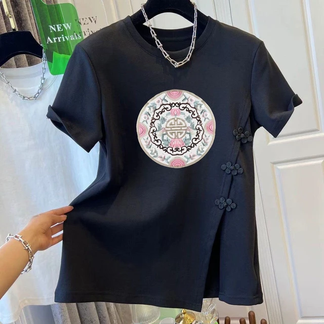 Camiseta de algodón con botones delanteros inclinados para mujer, chaqueta informal que combina con todo, estampado pesado, irregular, Retro, novedad de verano - Image 2
