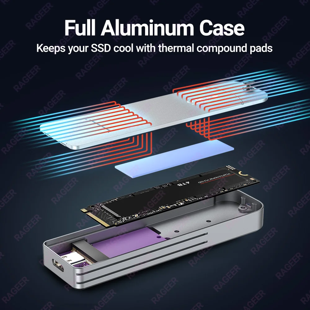 RAGEER M.2 NVMe SSD Enclosure, USB Type C Gen2 10Gbps PCIe SSD Aluminum External Case for NVME PCIE 2280 2260 2242 2230